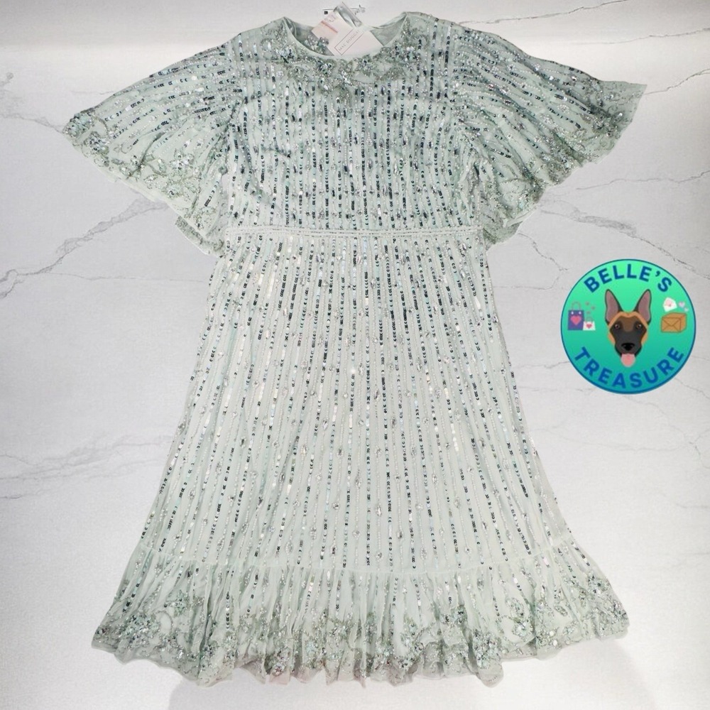 Mac Duggal Gown Sz 14 Mint Green Embellished Floral Pearl Sequin Midi Dress $578